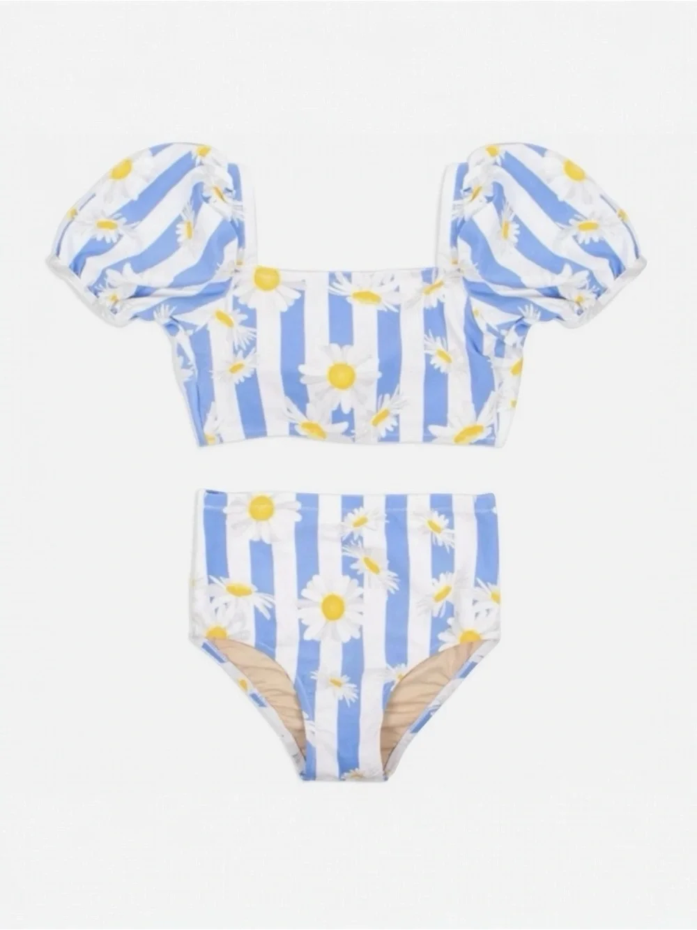 Shade Critters Blue White Daisy Stripe Puff Sleeve High Waist Bikini Girls 3T
